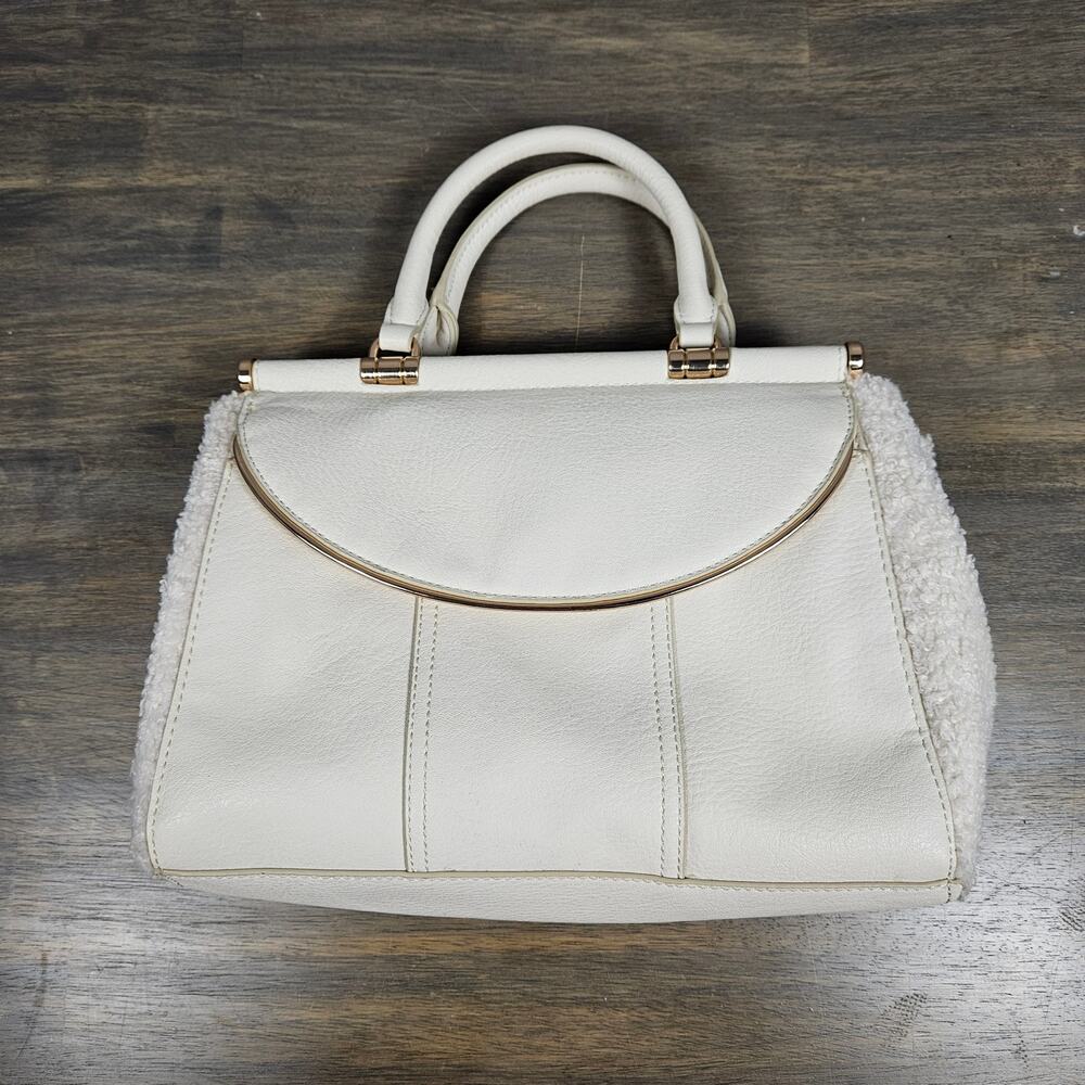 Lauren Conrad Ivory Sherpa Side Faux Leather Satchel Bag‎ Gold Hardware Winter